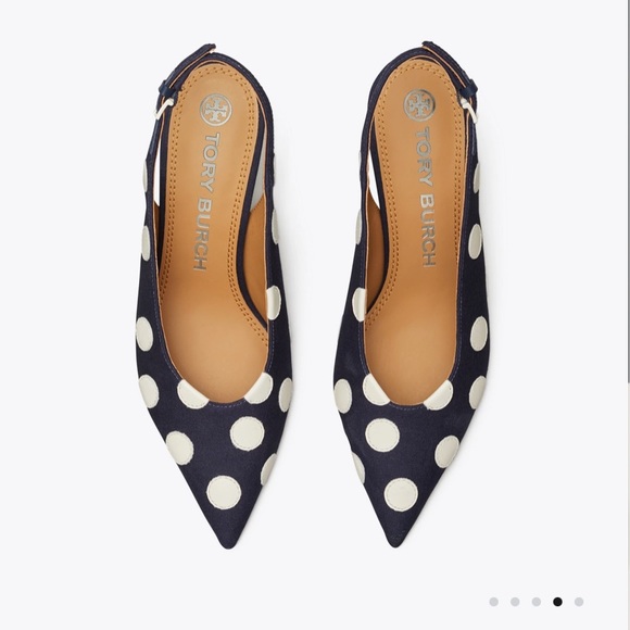 TORY BURCH CANVAS NAVY SLINGBACK PUMP WITH LEATHER POLKA DOTS IN WHITE SIZE 7, 8 - Picture 3 of 15